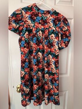 SHEIN Floral Puff-Sleeve Dress in Coral, Blue & Green